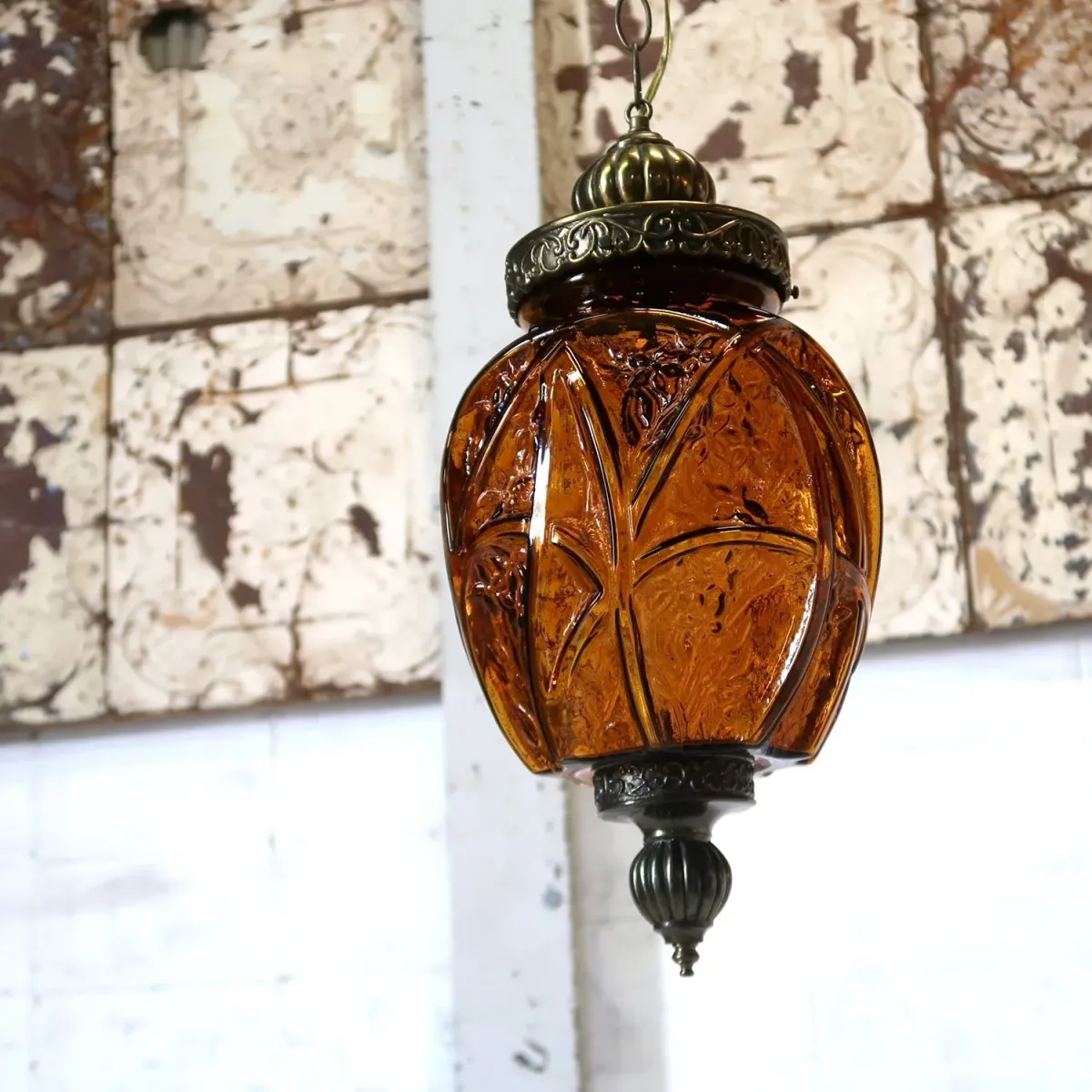 アンティーク アンバーガラス ペンダントランプ