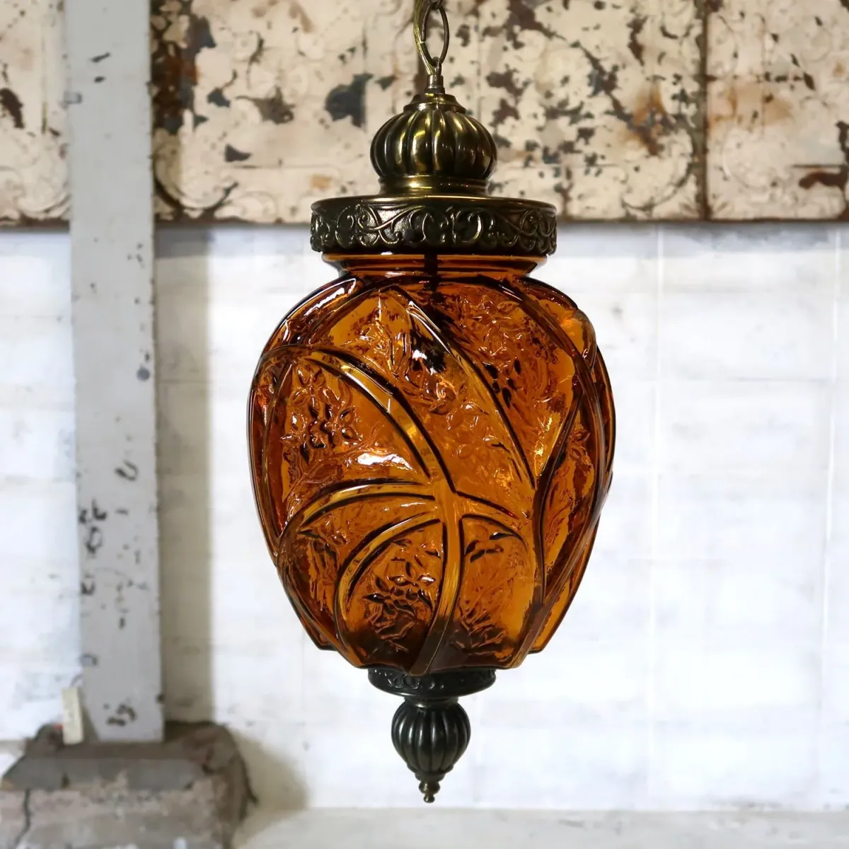 アンティーク アンバーガラス ペンダントランプ