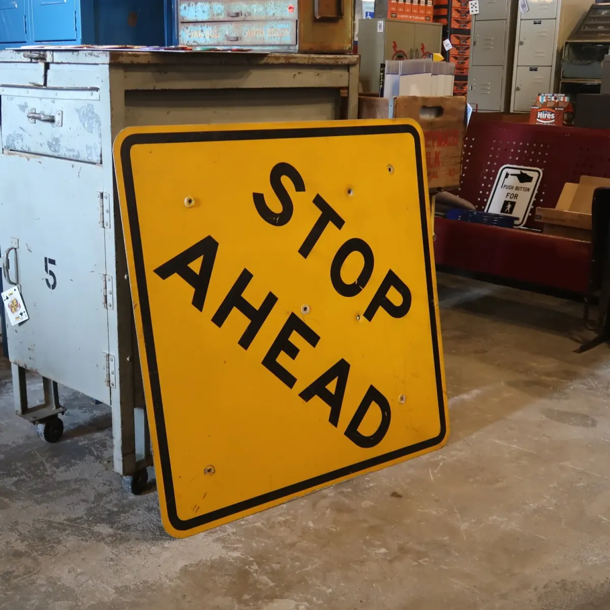 STOP AHEAD ビンテージ 大型ロードサイン 弾痕