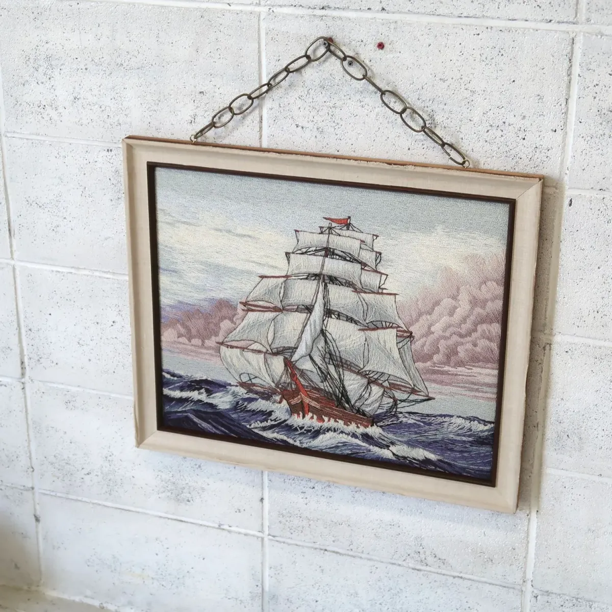 ビンテージ 刺繍アート 帆船モチーフ