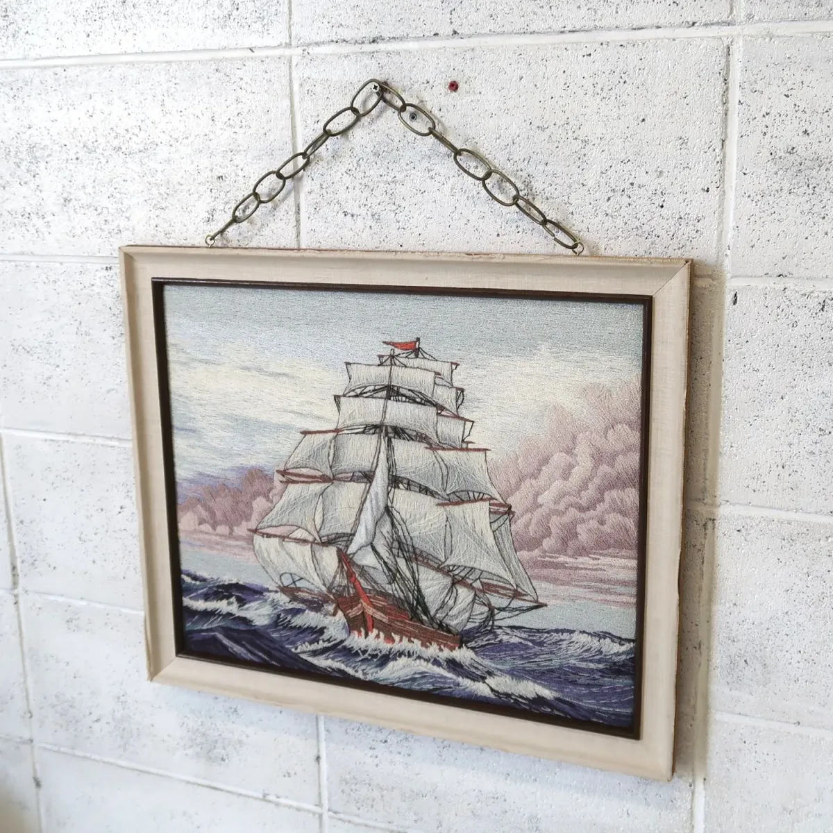 ビンテージ 刺繍アート 帆船モチーフ